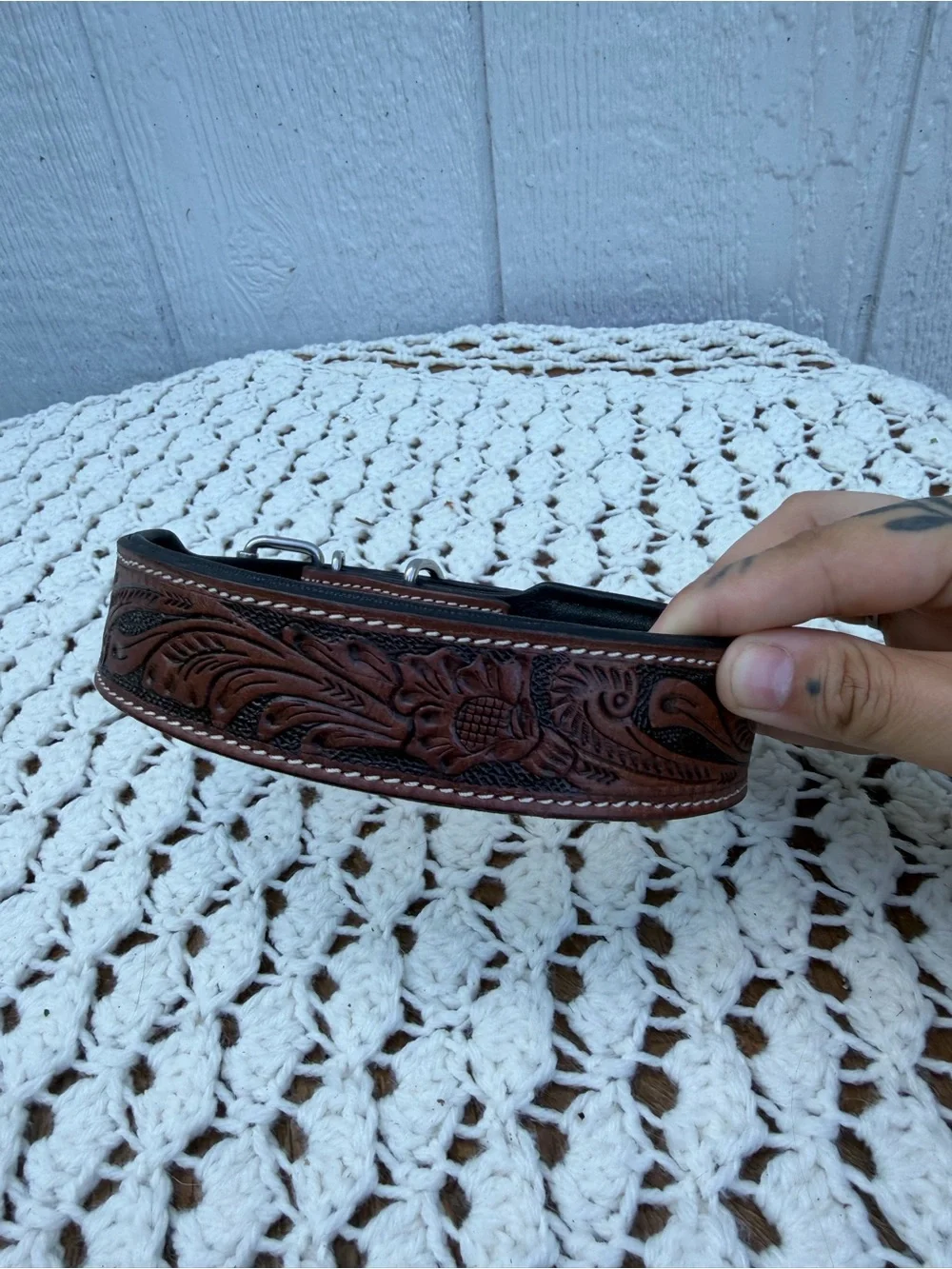 Hand-Tooled Brown Leather dog collar Western